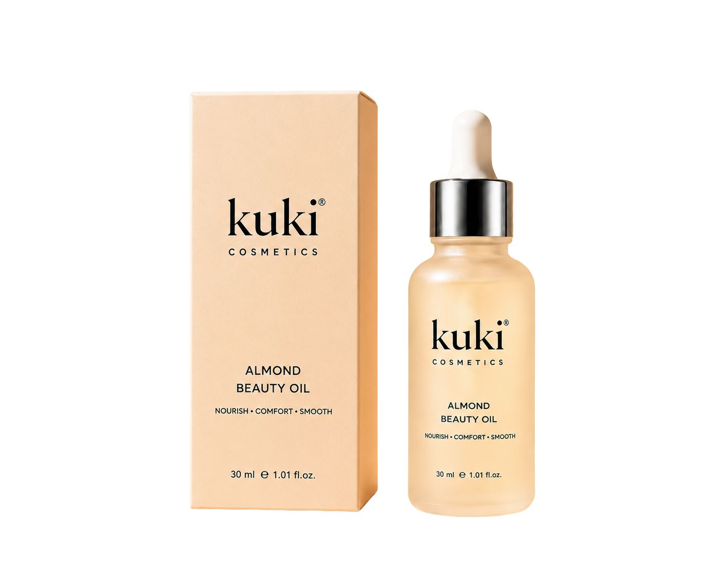 KUKI Almond Beauty Oil for soft, nourished skin and hair care with box