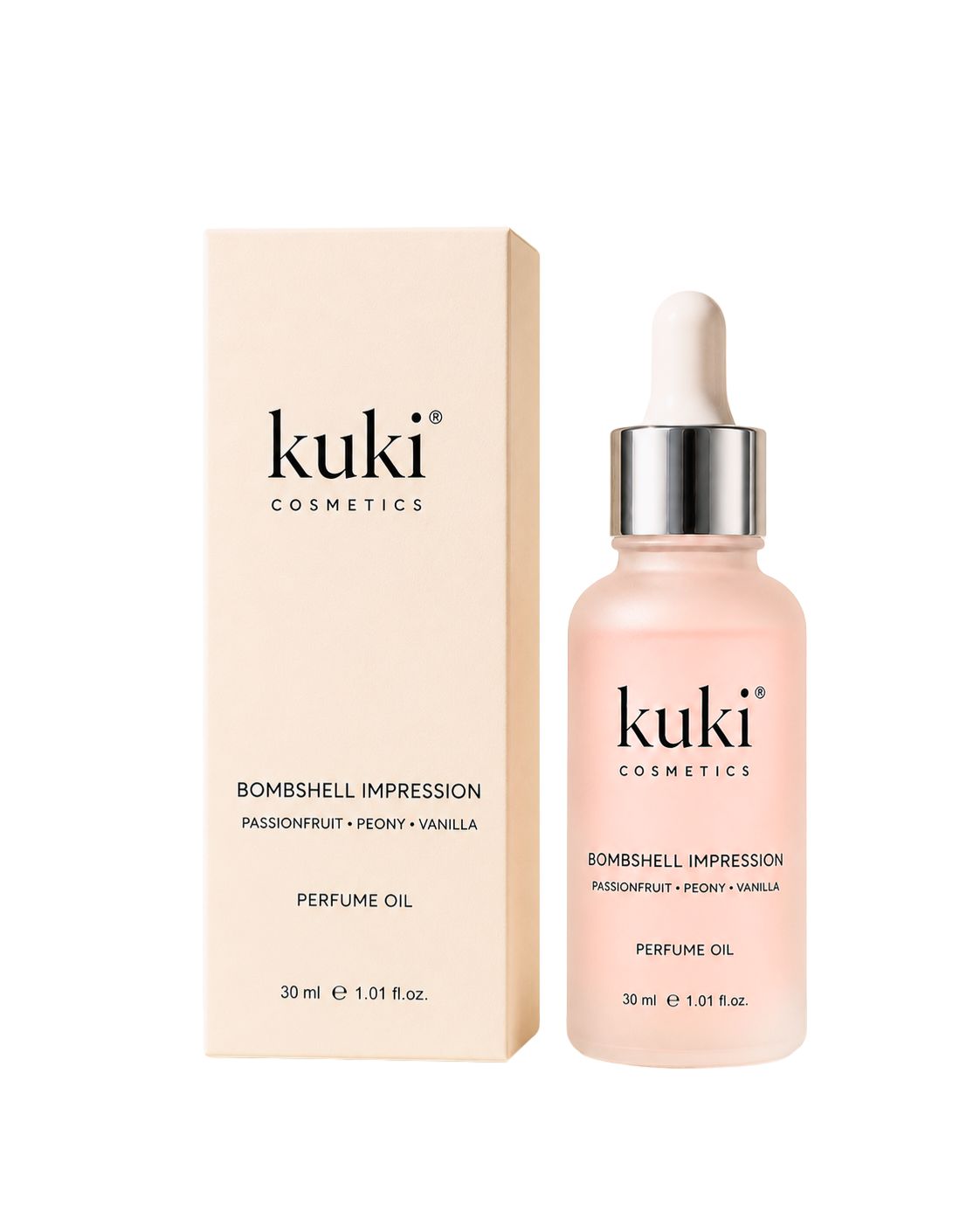 KUKI Bombshell Impression perfume oil with vibrant fruity floral notes with box