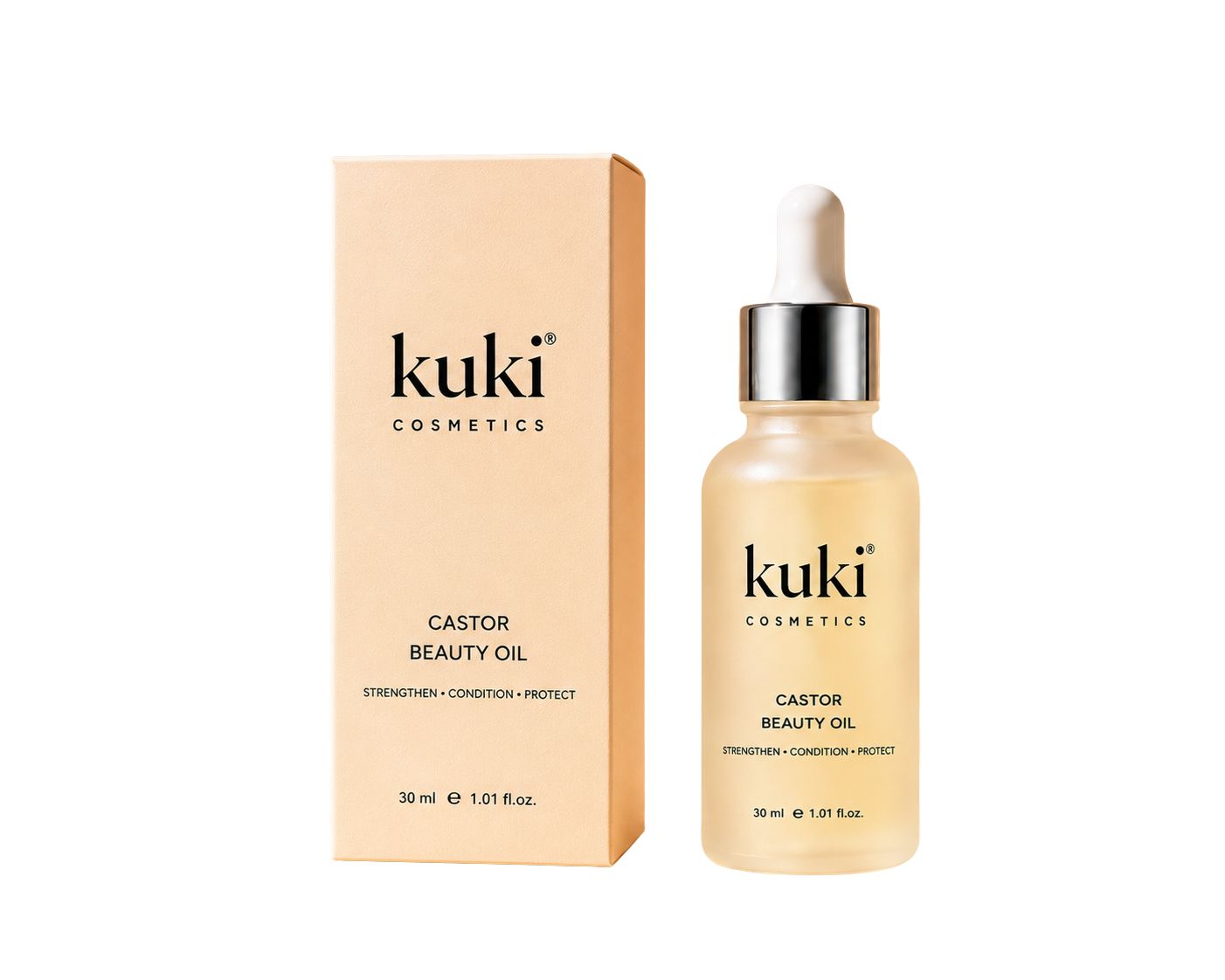 KUKI Castor Beauty Oil for hair, brows, lashes, and skin care routines with box